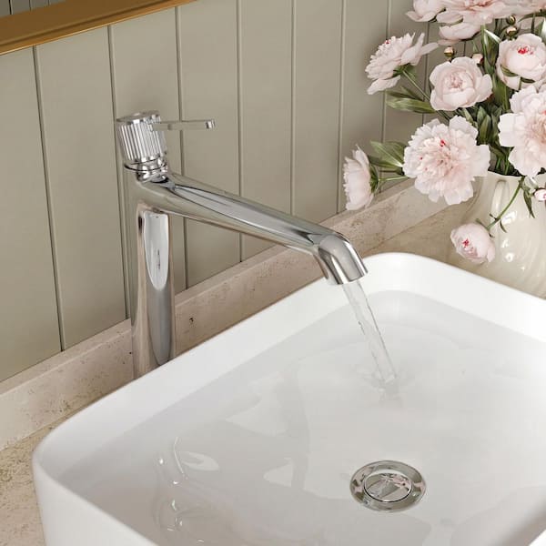 12.8 in. H Mid-Arc Single Handle Single Hole Vessel Sink Faucet with Pop-Up Drain, Elegant Curve in Chrome