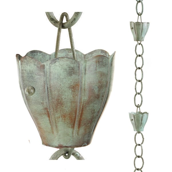 Good Directions 100% Blue Verde Pure Copper Crocus Rain Chain, 8-1/2 ft. Long, Large Cups, Replaces Gutter Downspout