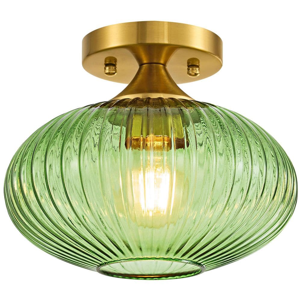 9.45 in. 1-Light Brushed Gold Vintage Flush Mount with Ribbed Green Glass Shade Perfect for Entryway, Hallway Bedroom price history on PriceWatchPro