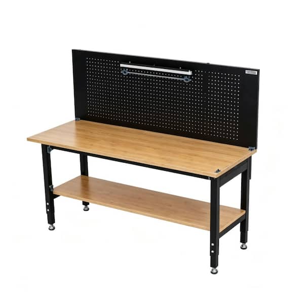 Adjustable‑Height Workbench,2000 lb Capacity,Rubberwood Top,Steel Frame,Power Outlets for Garage Workshop