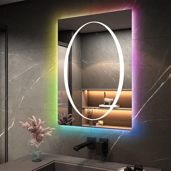 Apmir 20 in. W x 28 in. H Rectangular Frameless RGB Backlit, LED Frontlit Anti-Fog Tempered Glass Wall Bathroom Vanity Mirror