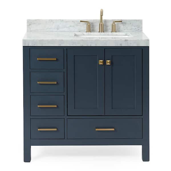 Cambridge 36 in. Single Sink Freestanding Bathroom Vanity in Midnight Blue with Carrara White Marble Top