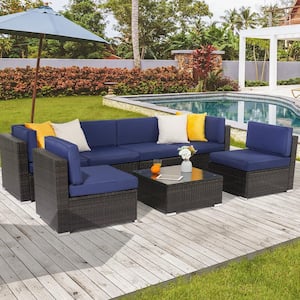 7-Piece PE Rattan Wicker Outdoor Conversation Furniture Sectional Sofa Sets for Poolside, Porch and Deck in Navy Blue