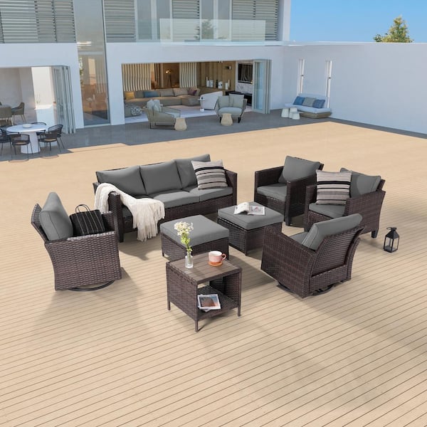 Sonkuki 8-Piece Patio Sofa Set Brown Wicker Outdoor Furniture Set Swivel Rocking Sofa, Gray Cushions
