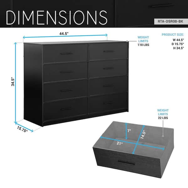 Techni Home Black 8 Drawer 44.5 in. Wide Dresser RTA-DSR08-BK