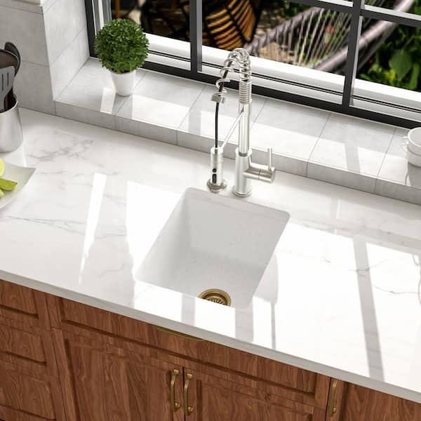 15 in. Undermount Single Bowl Quartz/Granite Composite Kitchen Sink in White with Golden Drain