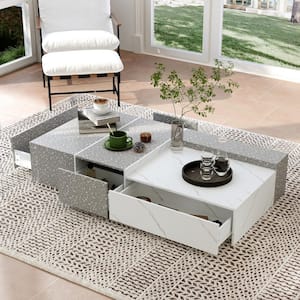 63 in. W Rectangle Gray Marble Finish Wood Coffee Table Side Table with 4-Drawers