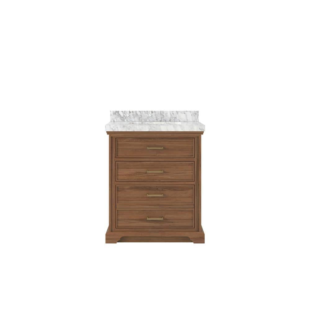 "Charlotte Teak 30 in. W x 22 in. D x 36 in. H Single Sink Bath Vanity Center in Dark Natural with 2"" Carrara Marble Top" price history on PriceWatchPro