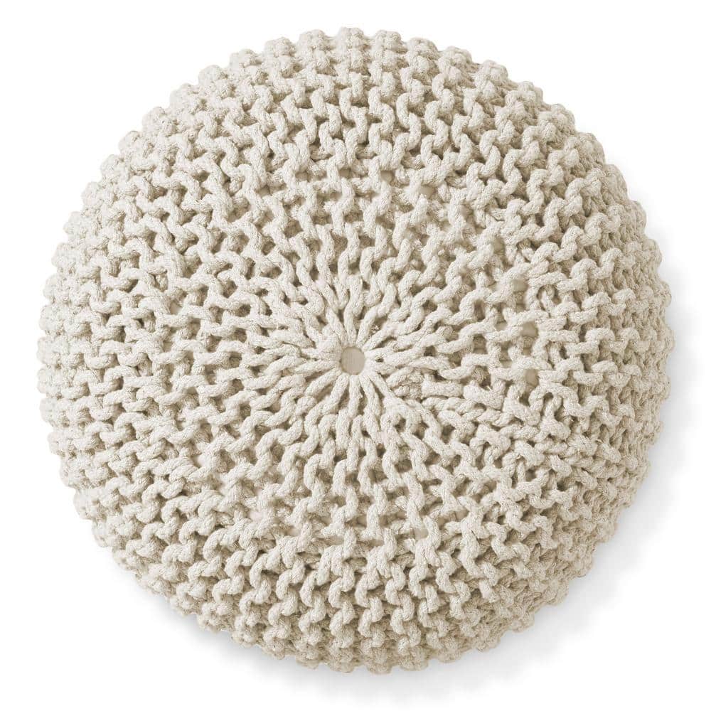 Natural Cotton Knit Round Pouf Ottoman, 20" x 14.5"