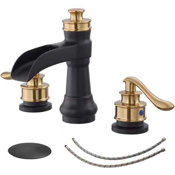 8 in. Waterfall Widespread 2-Handle Bathroom Faucet With Pop-up Drain Assembly in Spot Resist Gold Black