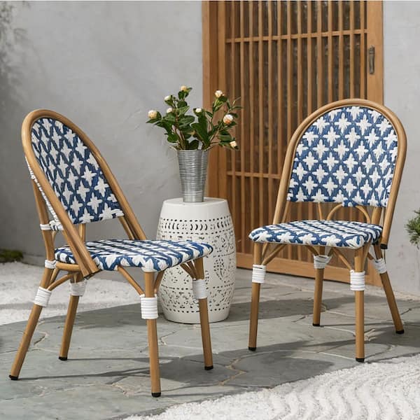 White Navy Bamboo Print Finish PE Rattan and Aluminum French Bistro Chairs (2-Pack)