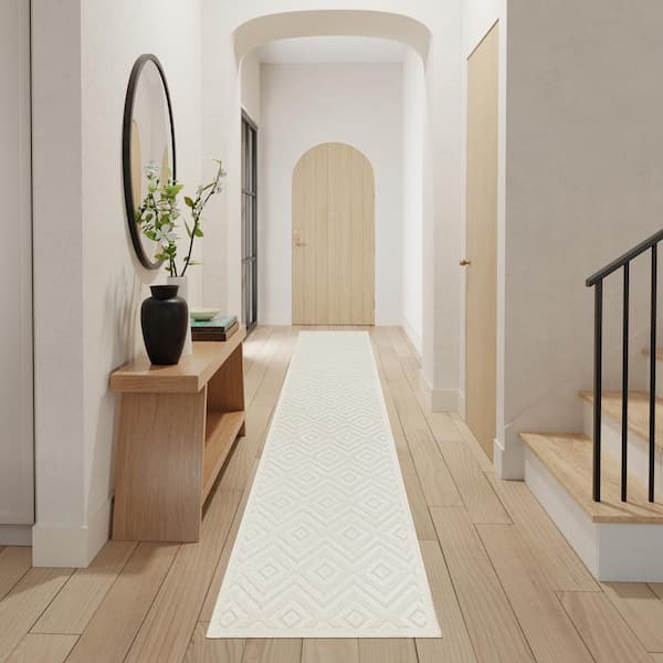Versatile Ivory White 2 ft. x 10 ft. Diamond Contemporary Runner Indoor Area Rug