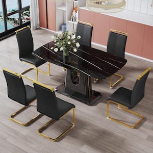 Set of 7 Extendable Retro Wood Dining Table Set with 6 Upholstered Chairs, Brown and White