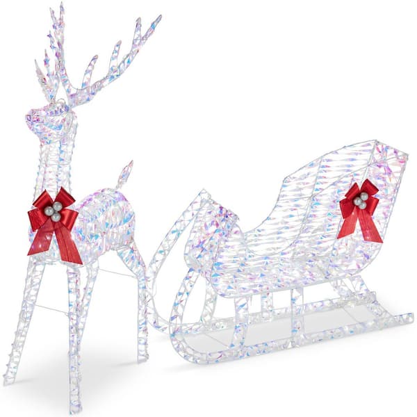 48 in. Iridescent LED Outdoor Reindeer Sleigh Christmas Decoration with 205 Lights and Stakes