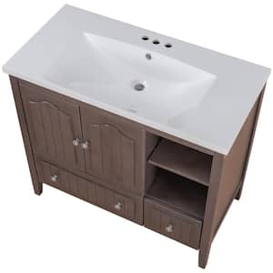 Modern 36 in. W x 18 in. D x 32 in. H Bath Vanity in White Ceramic Top with Sink and Brown Storage Cabinet