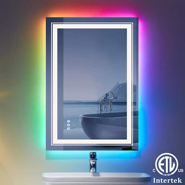 Apmir 20 in. W x 28 in. H Rectangular Frameless RGB Backlit LED Frontlit Anti-Fog Tempered Glass Wall Bathroom Vanity Mirror