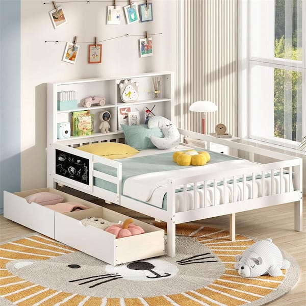 White Wood Frame Full Size Platform Bed with 2 Drawers Bookcase and Blackboard Full-length Guardrails