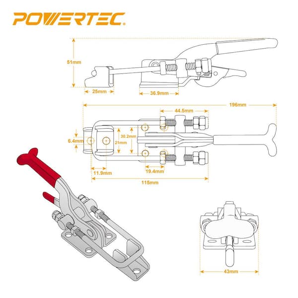 POWERTEC 20341 Heavy Duty Adjustable Latch-Action U Bolt Self-Lock Toggle Clamp 431-700 lbs Holding Capacity, 2pk, Red