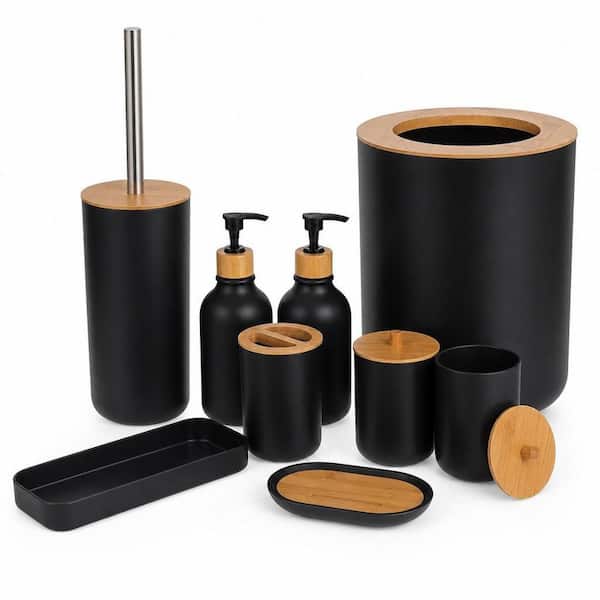 9-Pack Bamboo Bathroom Accessories Sets Complete with Trash Can, Soap Dispenser and Toothbrush Holder in Matte Black