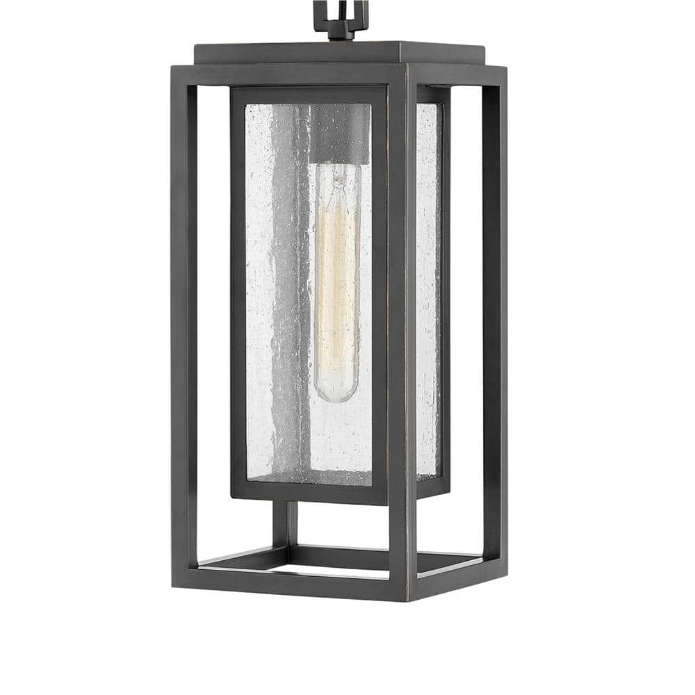 Transitional Oil Rubbed Bronze LED Pendant with Clear Seedy Glass