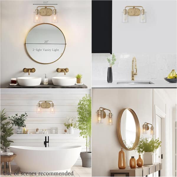Modern Gold Bathroom Vanity Light, 13.5 in. 2-Light Bar Vanity Wall Light With Seeded Glass Shades