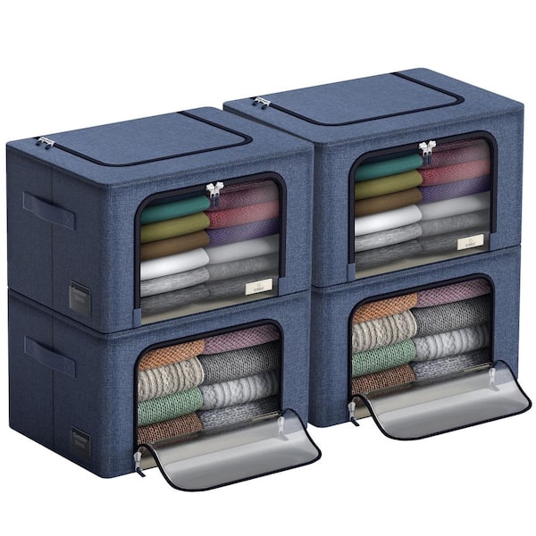 Blue 19.5 in. x 13 in. Fabric Decorative Box Set of 4, Stackable Storage Bins with Metal Frame, Window, & Handles