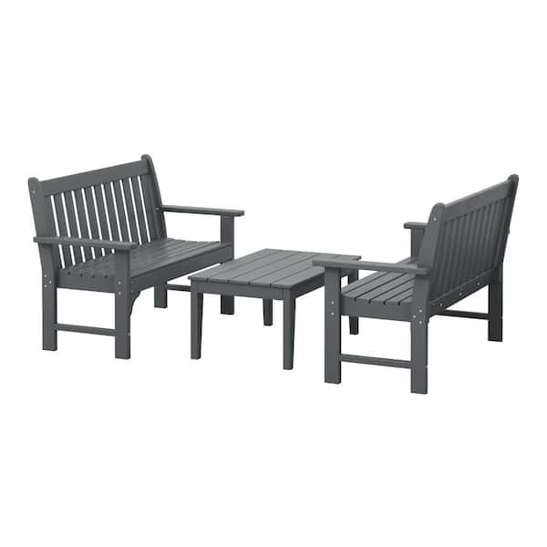 Laguna Gray 3-Piece Outdoor HDPE Plastic Fade Resistant Garden Bench Patio Conversation Set With Coffee Table