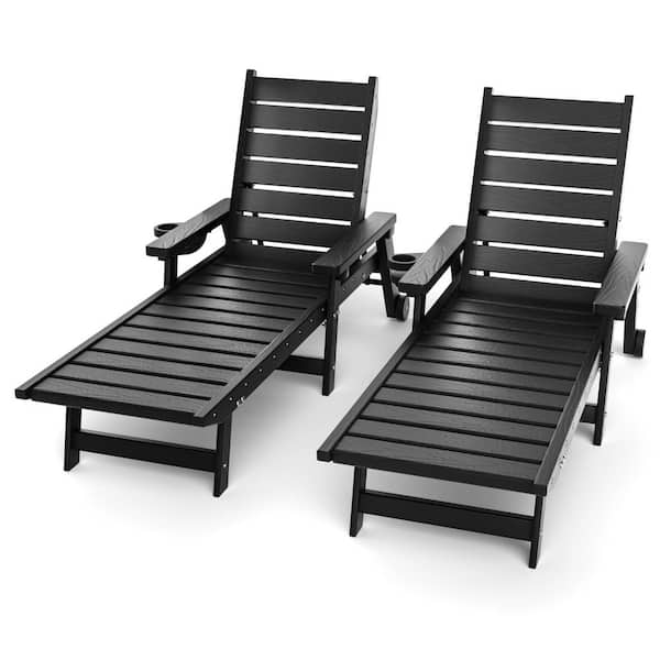 Serene Recline 2-Piece Black HDPE Outdoor Patio Chaise Lounge with Wheels and Adjustable Backrest
