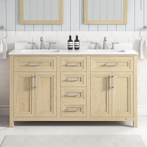Beaufort 60 in. Double Sink Light Birch Bath Vanity with White Engineered Stone Top (Assembled)