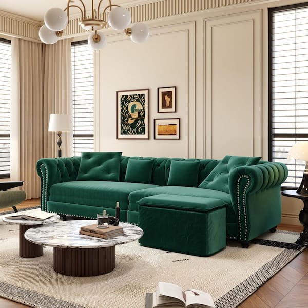 Norlin French 89 in. Rolled Arm Green Velvet Tufted Upholstered King Size Pull-Out Sofa Bed with Ottoman, Pillows