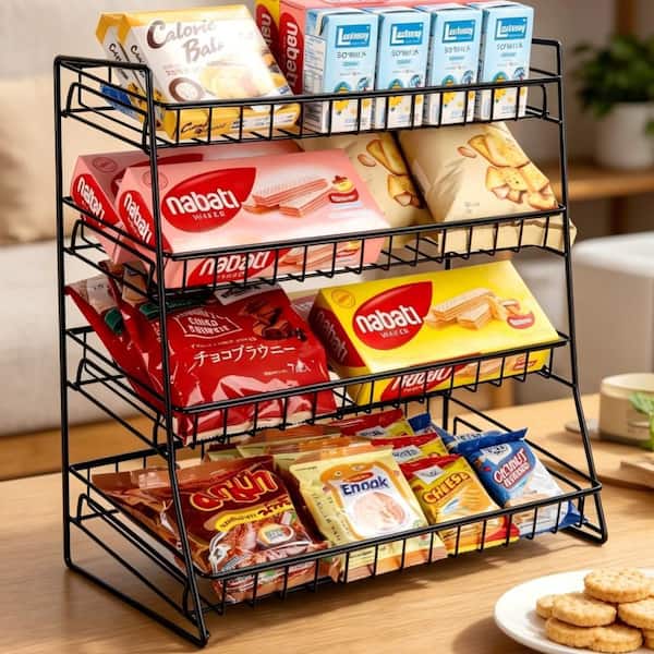 4-Shelf Metallic Countertop Display Rack, Heavy Duty Iron Snack Candy Organizer Stand with Space Saving Design, Black