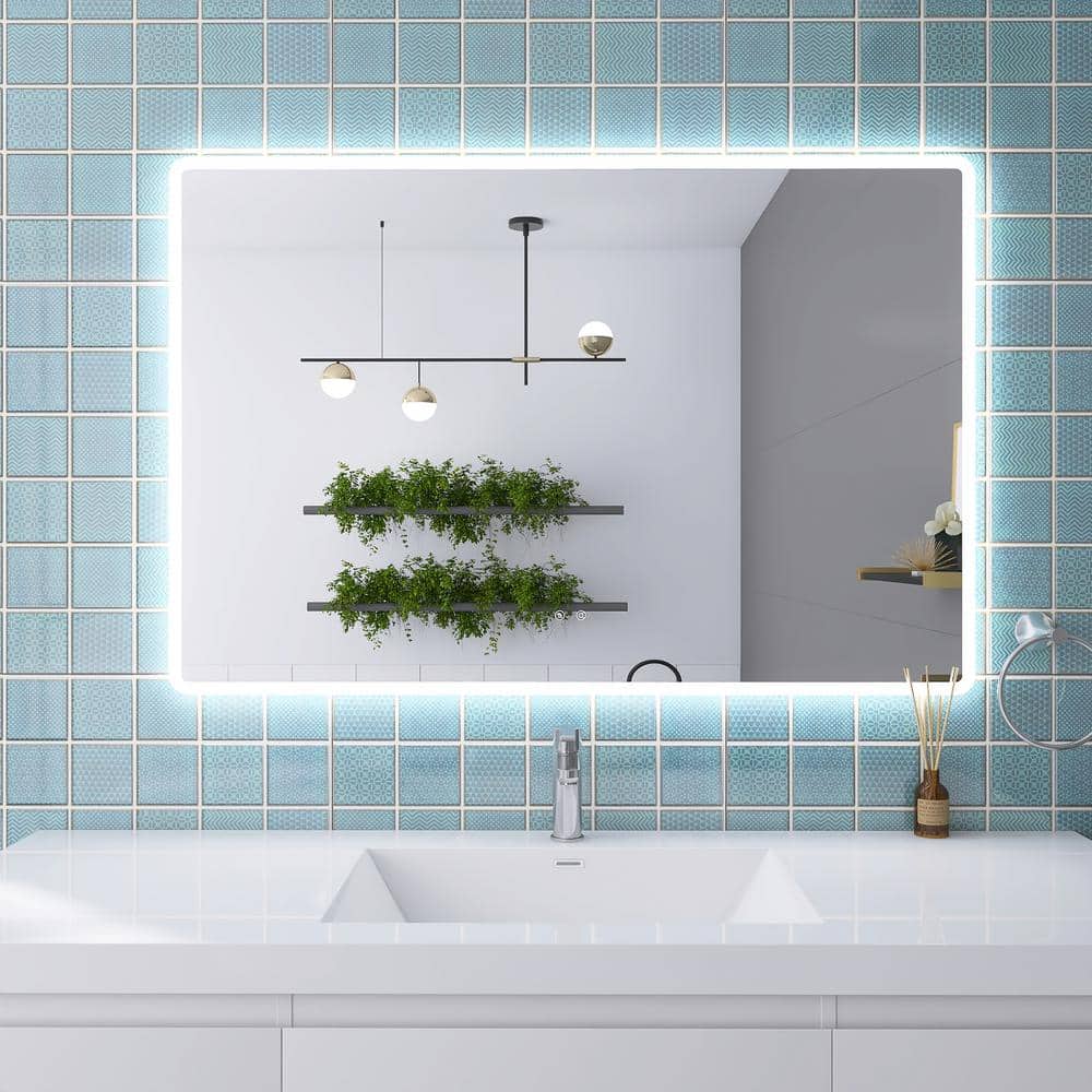48 in. W x 32 in. H Large Rectangular Frameless Anti-Fog Wall Mounted Bathr