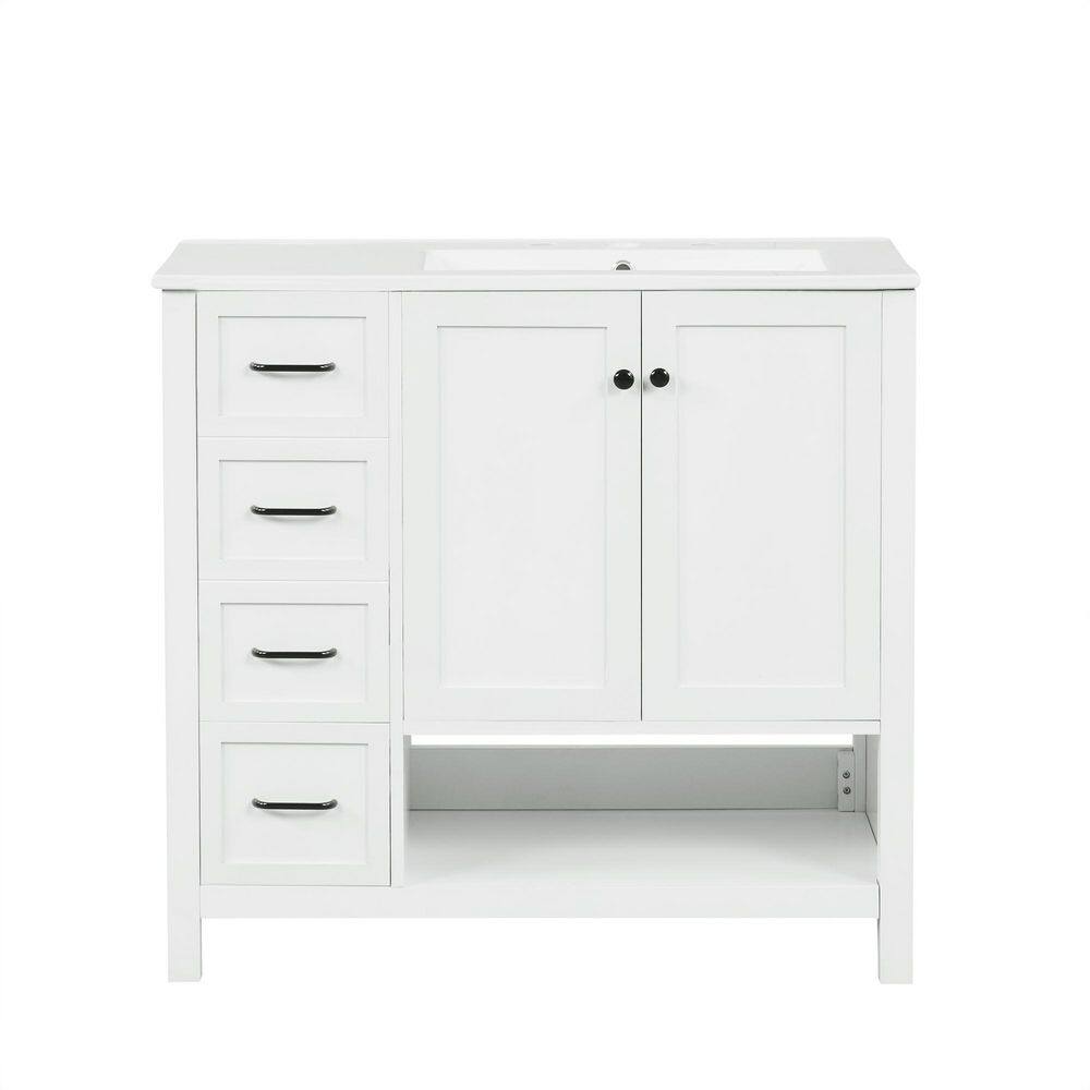 36 in. Single Sink Freestanding White Bath Vanity with White Ceramic Top, 2 Soft-close Drawers, Open Shelf price history on PriceWatchPro
