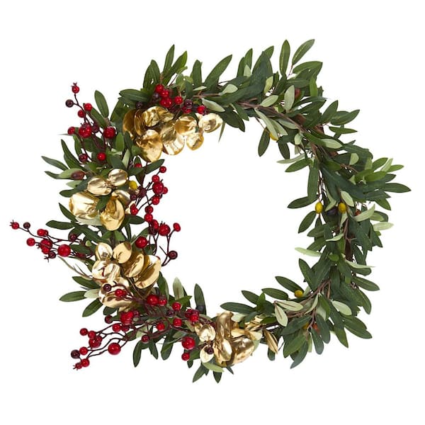 Nearly Natural 21in. Olive, Berries and Gold Eucalyptus Artificial Wreath