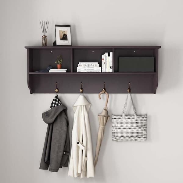 38.6 in. W x 7.9 in. D Black Wall Mounted Coat Rack with 4 Dual Hooks Wooden Storage Shelf Decorative Wall Shelf