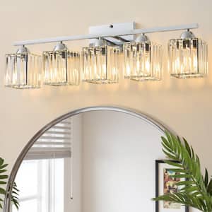 KLKLCH 24" 5-Light Chrome Crystal Bathroom Vanity Light – G9 Bulbs, Modern Over-Mirror Lighting