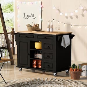 Black Rubber Wood Desktop 52.8 in. W Kitchen Island on 5 Wheels with 5 Drawers and Adjustable Shelves