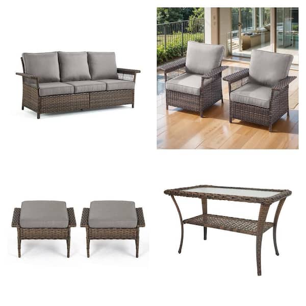 Seagull Series Wicker Outdoor Patio Sofa Couch, Lounge Chair, Ottoman (2-Pack) with Side Table