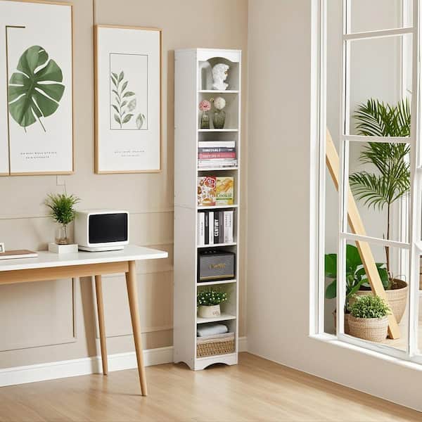 Tall Narrow Bookshelf with Adjustable Shelves – Stylish Slim Storage Cabinet, White 8 Cubes Accent Cabinet