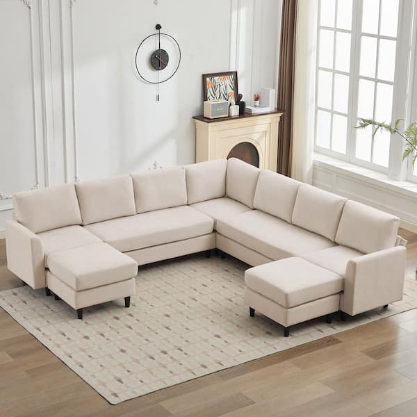 107.3 in. Width Convertible Large U-Shaped Corner Shaped Sofa Couch, Large 9-Seater Sofa with 2 Ottomans for in Beige
