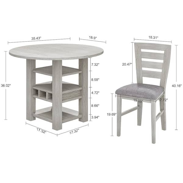 3 Piece Drop Leaf Counter Height Dining Table Set with Wine Rack and Storage Gray Wood Top Table & 2 Upholstered Chairs