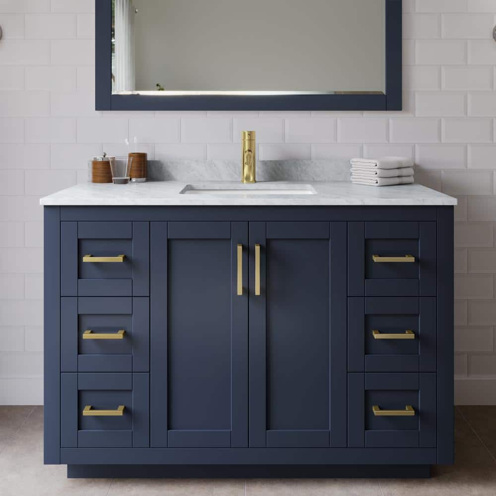 Miranda 48 in. W Single Bath Vanity in Dark Blue with Marble Vanity Top in White Carrara with White Basin and Mirror price history on PriceWatchPro