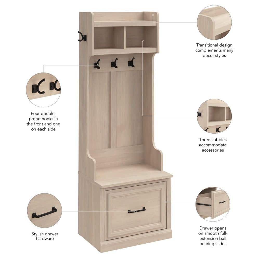 White Washed Maple Hall Tree with Storage Bench and Drawer