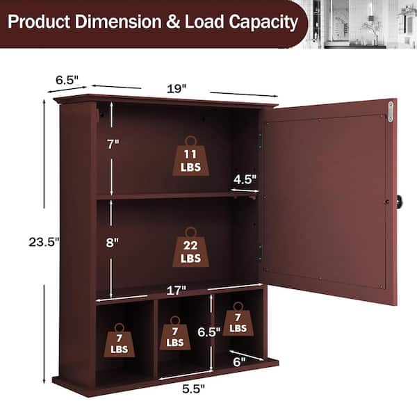 Forclover 19-in x 23.5-in Medicine Cabinet Bathroom Storage Wall Cabinet with Mirror in Brown
