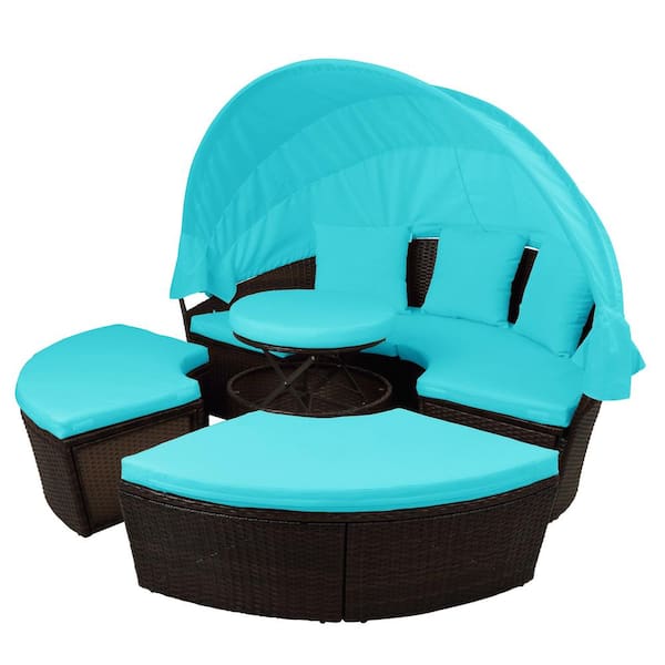 Utopia 4niture Amyr Brown 4-Piece PE Wicker Outdoor Sectional Set with Retractable Canopy and Blue Cushion