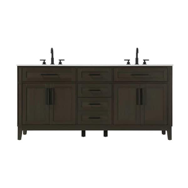 72 in. Double Sink Freestanding Mocha Brown Bath Vanity with Marble White Engineered Marble Top