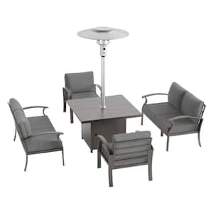 7-Piece Aluminum Patio Conversation Set with Armrest, 45000 BTU Stainless Steel Burner Square Table and Cushion Grey