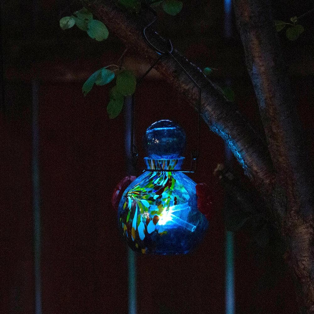 Hand-Blown Blue Glass Solar Hanging Hummingbird Feeder