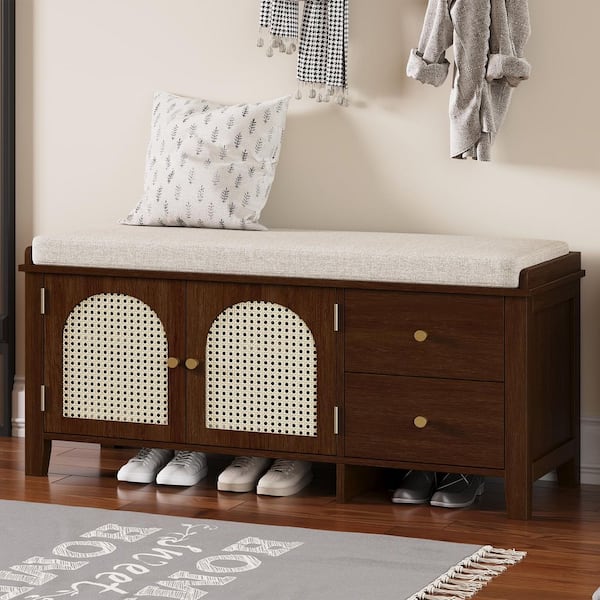 Harper & Bright Designs Espresso Storage Bench with Removable Beige Cushion 2 Drawers 2 Rattan Door 43.5 in. for Entryway Bedroom