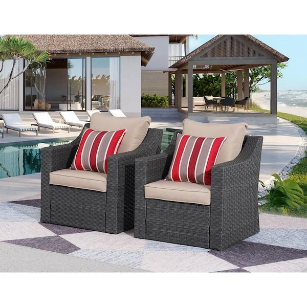 Anvil 2-Pieces Black PE Rattan Wicker Outdoor Patio Single Couch Chairs with Beige Cushion and Wide Arm (Set of 2)